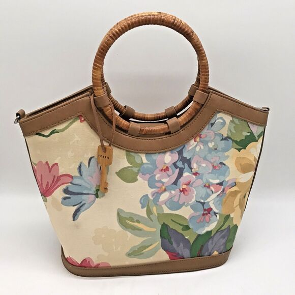 Fossil Hibiscus Boat Double Bamboo Handle  Bag Floral Purse 75082 Key Charm - Picture 1 of 11